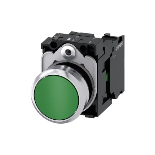 3SU1150-0AB40-1BA0,PUSH BUTTON ROUND METAL SHINY GREEN FLAT MOMENTARY TYPE 1NO-SIEMENS